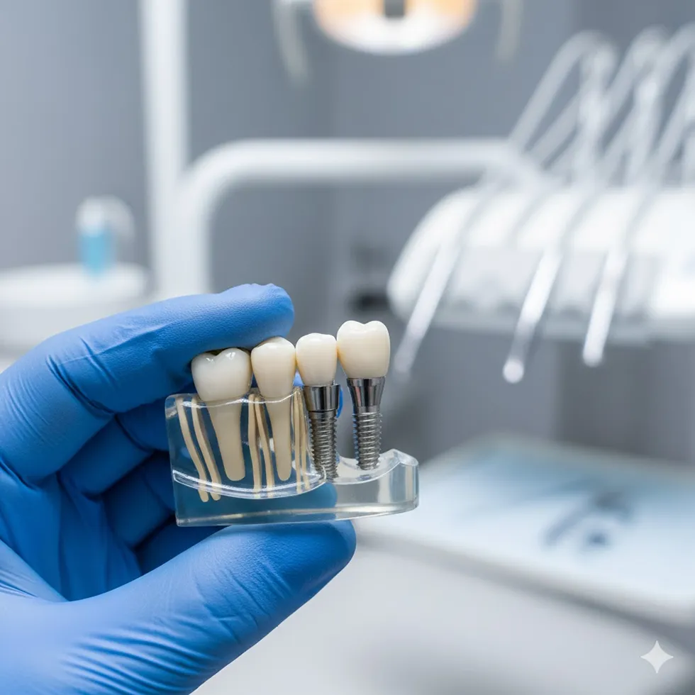 A gloved hand at River Ridge Oral & Maxillofacial Surgical Center displaying a dental model to explain the dental implant surgery process and the benefits of implant-supported dentures to a patient.