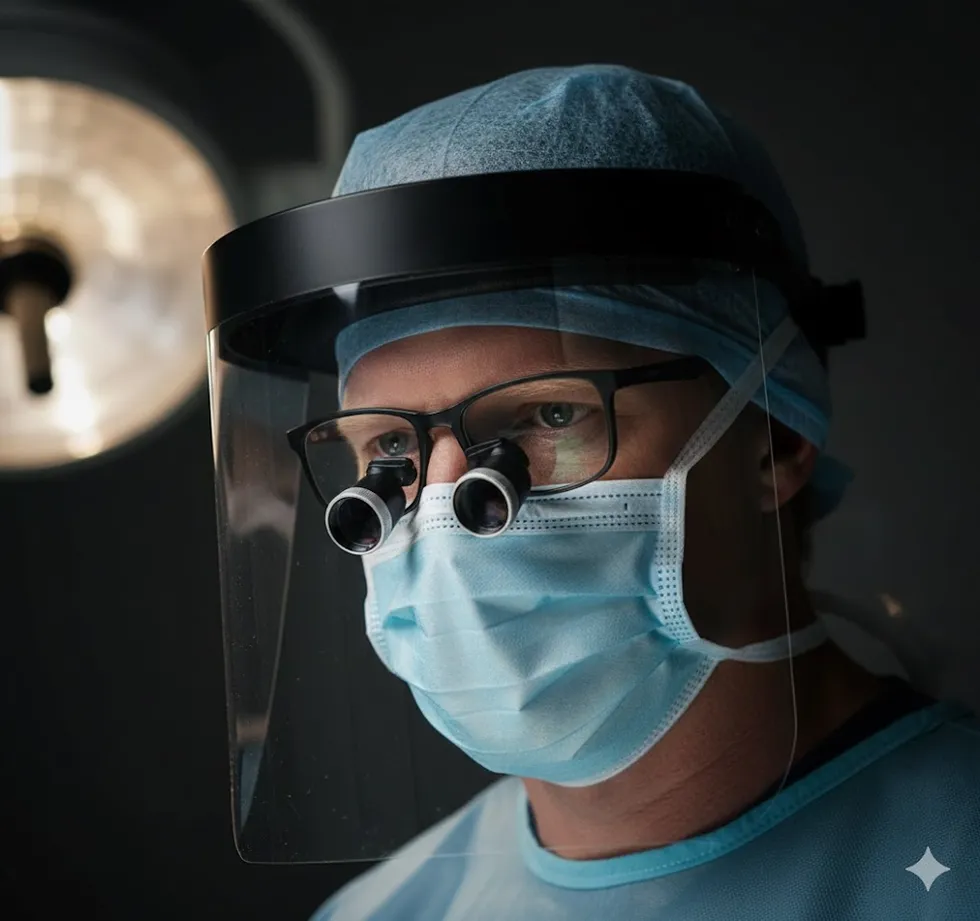 A highly focused oral and maxillofacial surgeon at River Ridge Oral Surgery wearing surgical loupes and protective gear while performing a complex impacted tooth surgery or dental bone graft surgery.
