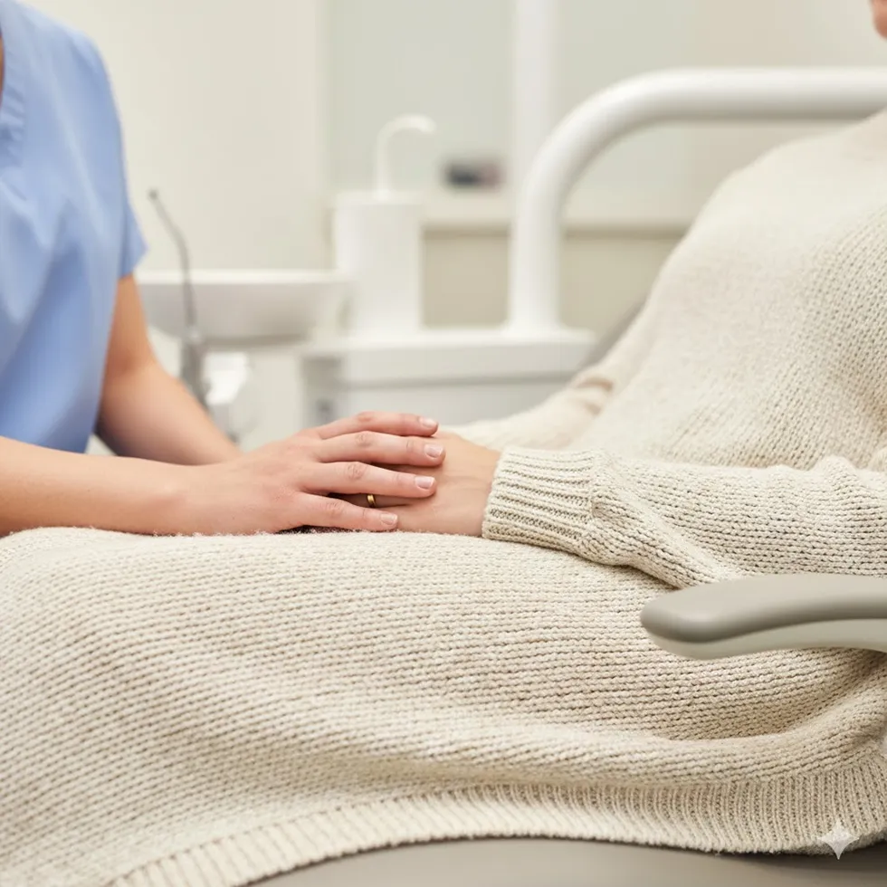 A caring nurse at River Ridge Oral & Maxillofacial Surgical Center providing comfort and support to a patient during wisdom teeth removal recovery or a surgical consultation in Sioux Falls.