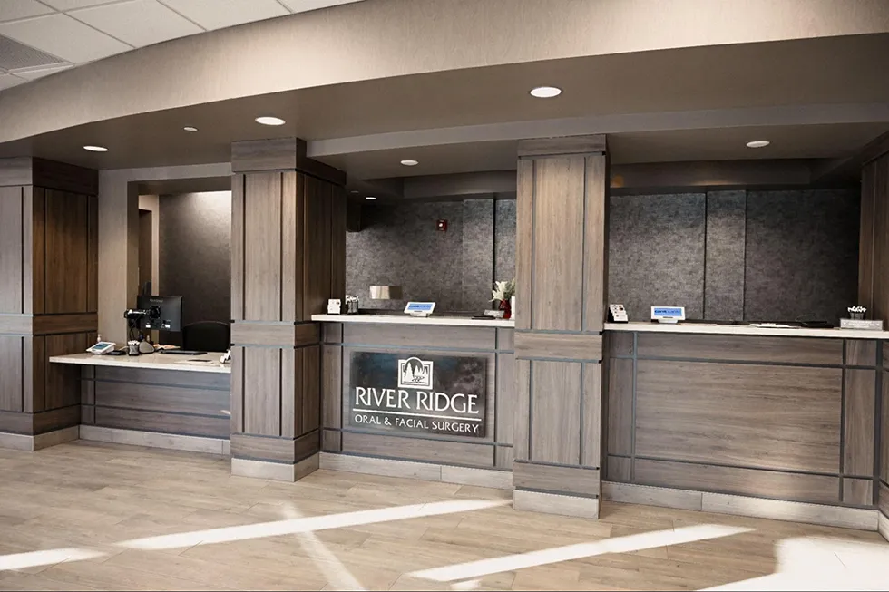 The modern and welcoming reception area of River Ridge Oral & Maxillofacial Surgical Center, the premier location for oral surgery and facial reconstruction in the Sioux Falls region.