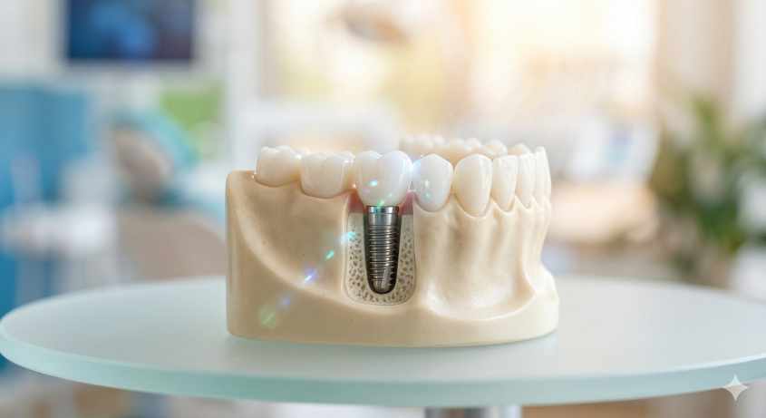 A detailed dental model on display at River Ridge Oral Surgery showcasing a single tooth dental implant to illustrate the dental implant surgery and restoration process for patients.