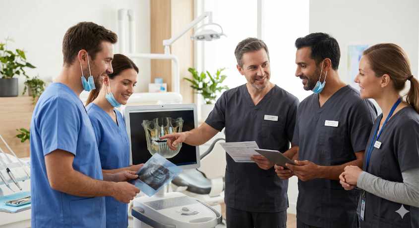 A collaborative team of oral and maxillofacial surgeons and staff at River Ridge Oral Surgery discussing a digital X-ray of wisdom teeth to coordinate a personalized patient treatment plan.