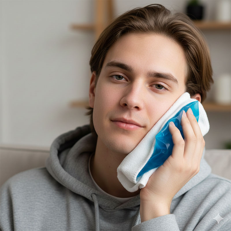 A young man following post-operative care instructions after a wisdom teeth removal or dental implant surgery at River Ridge Oral & Maxillofacial Surgical Center, using an ice pack to manage swelling during his oral surgery recovery in Sioux Falls.